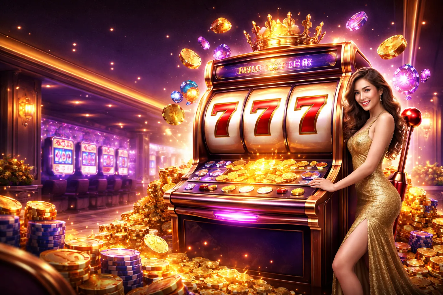 Hình ảnh các trò chơi slot với biểu tượng jackpot lớn và nhiều màu sắc.